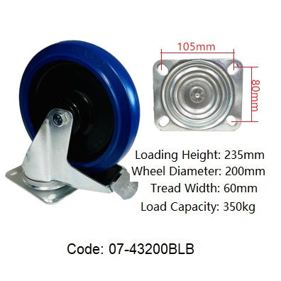 Ø200mm (8") Elastic Blue Rubber Wheel Castors > EUROPEAN STYLE | 350KG capacity per castor