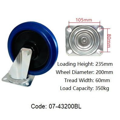 Ø200mm (8") Elastic Blue Rubber Wheel Castors > EUROPEAN STYLE | 350KG capacity per castor