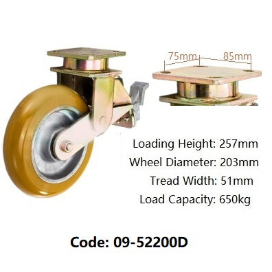 Ø200mm (8") Yellow Urethane on Cast Iron Wheel Spring load Castors  | 650KG capacity per castor