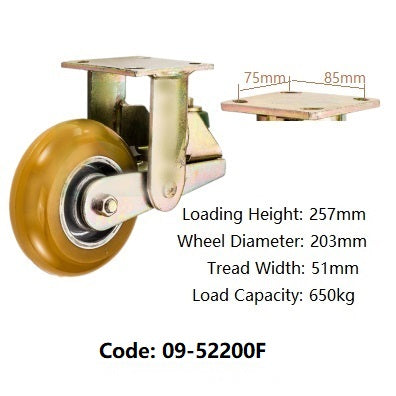 Ø200mm (8") Yellow Urethane on Cast Iron Wheel Spring load Castors  | 650KG capacity per castor
