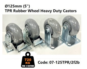 SET of 4:  Ø125mm (5") Thermoplastic Rubber Wheel Heavy Duty Castors | 720KG TOTAL