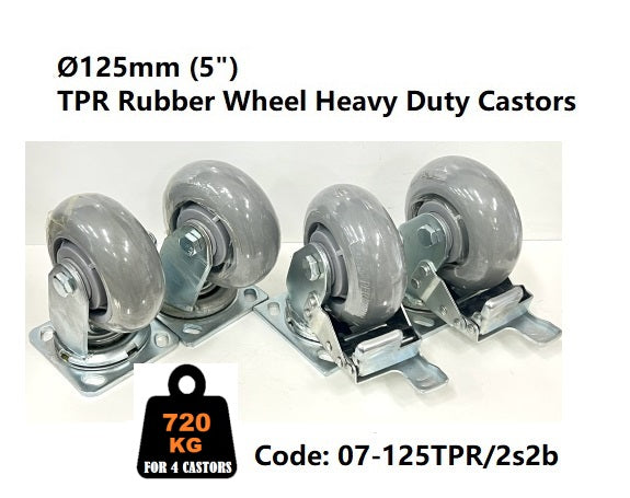 SET of 4:  Ø125mm (5") Thermoplastic Rubber Wheel Heavy Duty Castors | 720KG TOTAL