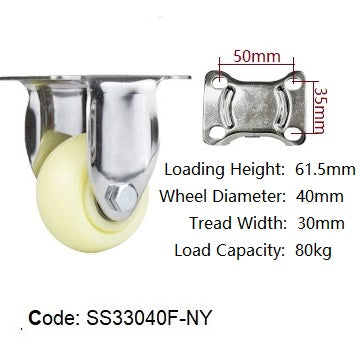 Ø40mm (1½") Nylon Wheel 304 Stainless Steel Castors | 80KG capacity per castor