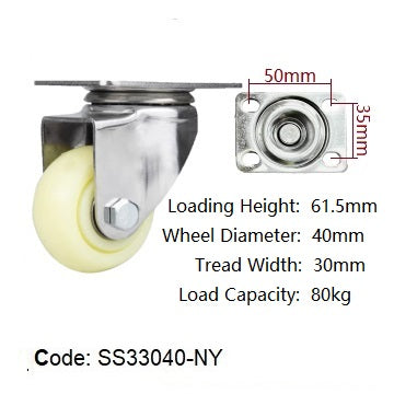 Ø40mm (1½") Nylon Wheel 304 Stainless Steel Castors | 80KG capacity per castor