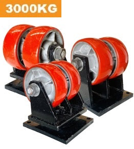 Ø200mm (8") Red Urethane on Cast Iron DUAL WHEELS Castors | 3000KG capacity per castor