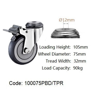 Ø75mm (3") Thermoplastic Rubber (TPR) Wheel Castors >Crown Tread  | 90KG capacity per castor