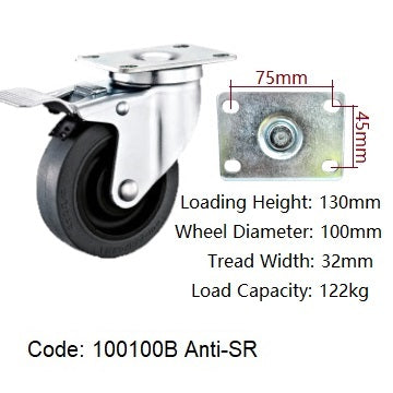 Ø100mm (4") Anti Static Rubber Wheel Castors | 122KG capacity per castor