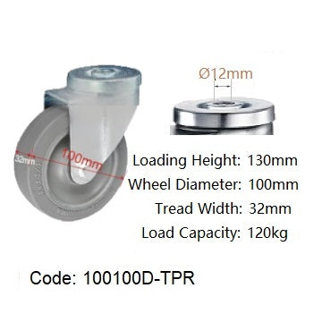 Ø100mm (4") Thermoplastic Rubber (TPR) Wheel Castors > Flat Tread | 120KG capacity per castor