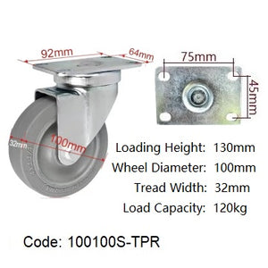 Ø100mm (4") Thermoplastic Rubber (TPR) Wheel Castors > Flat Tread | 120KG capacity per castor