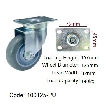 Ø125mm (5") Polyurethane (PU) Wheel Castors  | 140KG capacity per castor