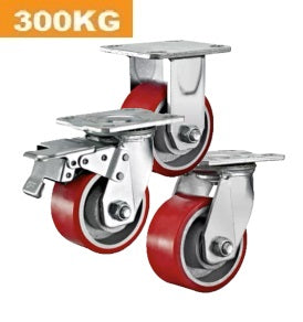 Ø100mm (4") Red Urethane on Cast Iron Wheel Castors | 300KG capacity per castor