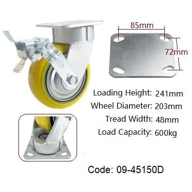 Ø200mm (8") Yellow Urethane on Cast Iron Wheel Castors | 600KG capacity per castor