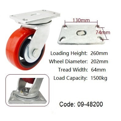 Ø200mm (8") Red Urethane on Cast Iron Wheel Castors | 770KG capacity per castor
