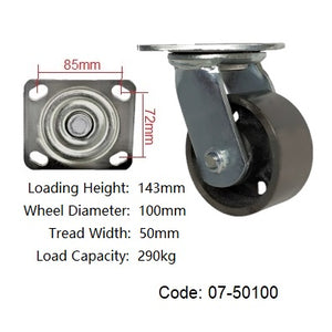 Ø100mm (4") Cast Iron Wheel | 290KG Heavy Duty Castors