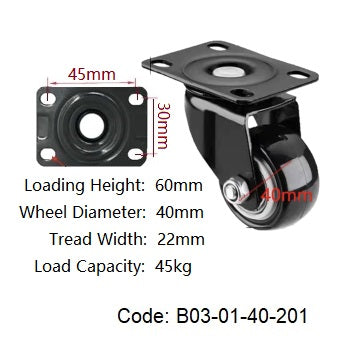 Ø40mm (1¾") Polyurethane (PU) Wheel Castors | 45KG capacity per castor