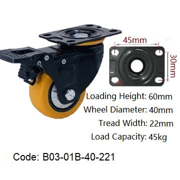 Ø40mm (1¾") Orange Polyurethane (PU) Wheel Castors | 45KG capacity per castor