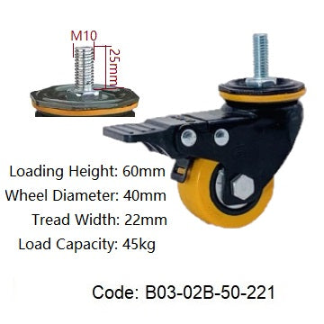 Ø40mm (1¾") Orange Polyurethane (PU) Wheel Castors | 45KG capacity per castor