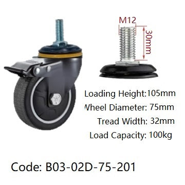 Ø75mm (3") Thermoplastic Polyurethane (TPU) Wheel Castors | 100KG capacity per castor