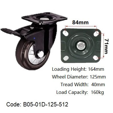 Ø125mm (5") Brown High Elastic Rubber Wheel Castors | 160KG capacity per castor