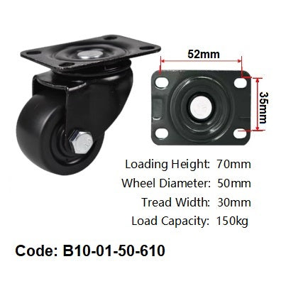 Ø50mm (2") Black Polyamide (Nylon) Wheel Castors | 150KG capacity per castor