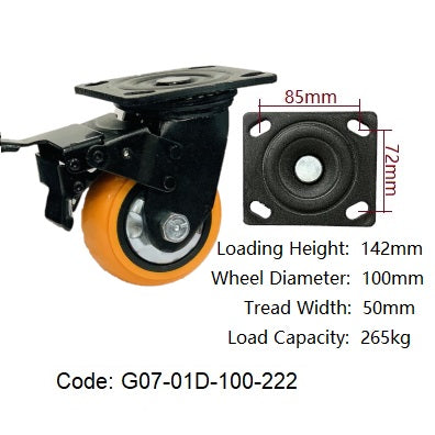 Ø100mm (4") Polyurethane (PU) Wheel Castors | 265KG capacity per castor