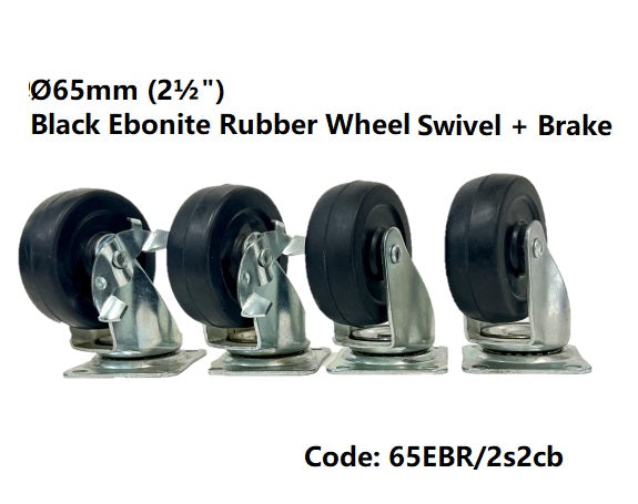 SET of 4:  Ø65mm (2½") Black Ebonite Rubber Wheel Top Plate Castors | 190KG TOTAL