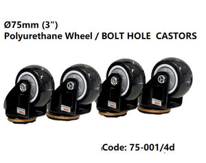 SET of 4: Ø75mm (3") Black Polyurethane (PU) Wheel CASTORS | 250kg TOTAL