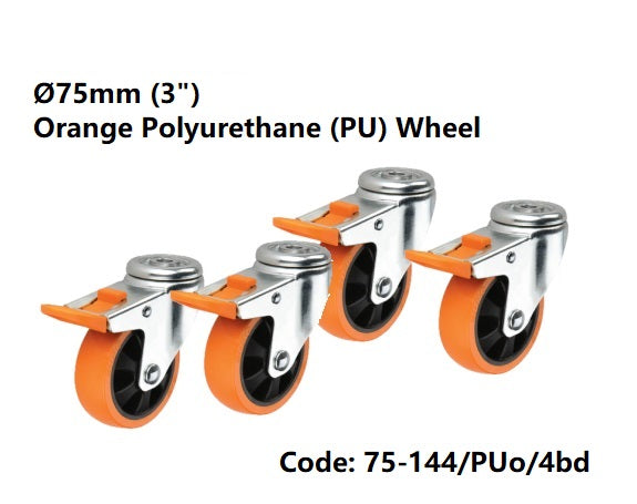 SET of 4: Ø75mm (3") Polyurethane (PU) Wheel  / BOLT HOLE  CASTORS | 230kg TOTAL