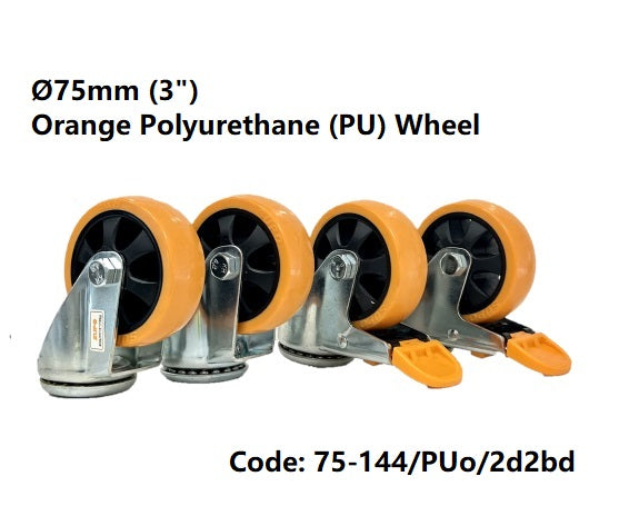 SET of 4: Ø75mm (3") Polyurethane (PU) Wheel  / BOLT HOLE  CASTORS | 230kg TOTAL