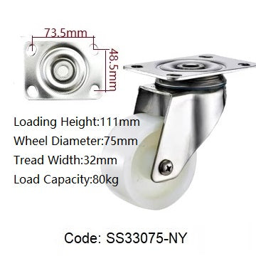 Ø75mm (3") Nylon Wheel 304 Stainless Steel Castors | 80KG capacity per castor