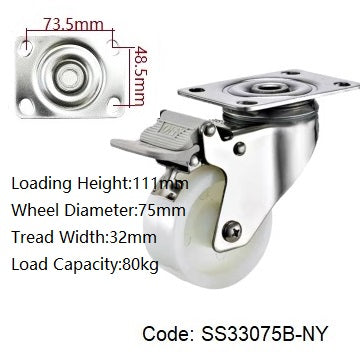 Ø75mm (3") Nylon Wheel 304 Stainless Steel Castors | 80KG capacity per castor