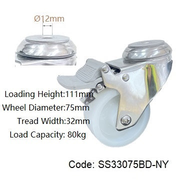 Ø75mm (3") Nylon Wheel 304 Stainless Steel Castors | 80KG capacity per castor