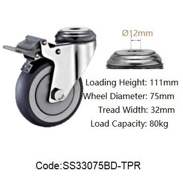 Ø75mm (3") Thermoplastic Rubber (TPR) Wheel 304 Stainless Steel Castors | 80KG capacity per castor
