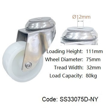 Ø75mm (3") Nylon Wheel 304 Stainless Steel Castors | 80KG capacity per castor