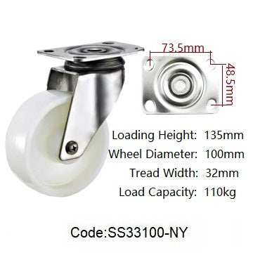 Ø100mm (4") Nylon Wheel 304 Stainless Steel Castors | 110KG capacity per castor