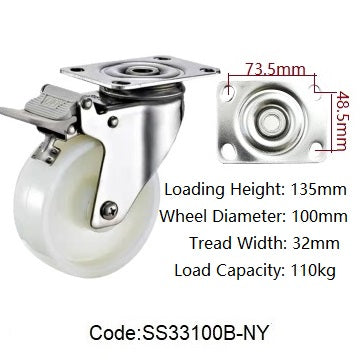 Ø100mm (4") Nylon Wheel 304 Stainless Steel Castors | 110KG capacity per castor