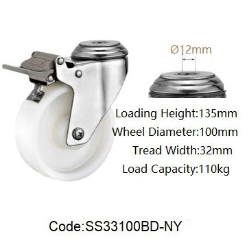 Ø100mm (4") Nylon Wheel 304 Stainless Steel Castors | 110KG capacity per castor