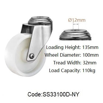 Ø100mm (4") Nylon Wheel 304 Stainless Steel Castors | 110KG capacity per castor