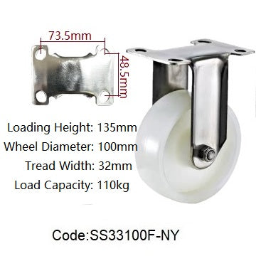 Ø100mm (4") Nylon Wheel 304 Stainless Steel Castors | 110KG capacity per castor