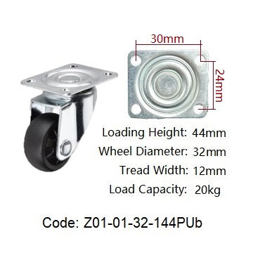 Ø32mm (1¼") Polyurethane (PU) Wheel Castors | 20KG capacity per castor
