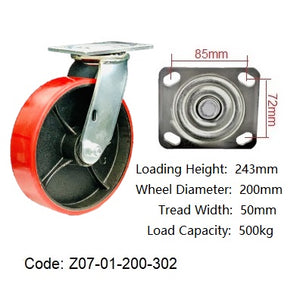 Ø200mm (8") Red Urethane on Cast Iron Wheel Castors | 500KG capacity per castor
