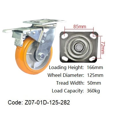 Ø125mm (5") Orange Urethane on Cast Iron Wheel Castors | 360KG capacity per castor