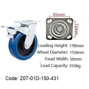 Ø150mm (6") Elastic Blue Rubber Wheel Castors | 350KG capacity per castor