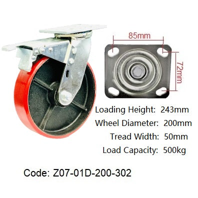 Ø200mm (8") Red Urethane on Cast Iron Wheel Castors | 500KG capacity per castor
