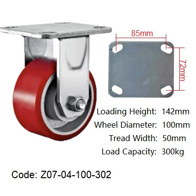 Ø100mm (4") Red Urethane on Cast Iron Wheel Castors | 300KG capacity per castor