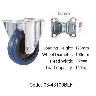 Ø100mm (4") Elastic Blue Rubber Wheel Castors > EUROPEAN STYLE | 140KG capacity per castor