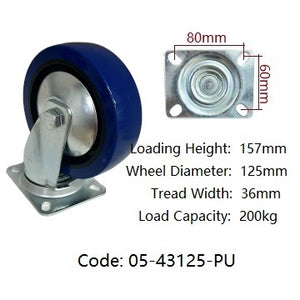 Ø125mm (5") Blue Polyurethane (PU) Wheel Castors > EUROPEAN STYLE | 200KG capacity per castor