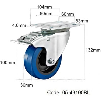 Ø100mm (4") Elastic Blue Rubber Wheel Castors > EUROPEAN STYLE | 150KG capacity per castor