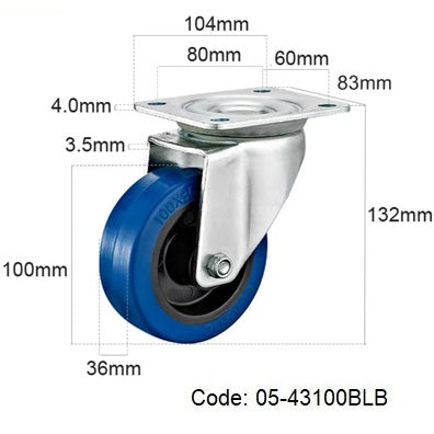 Ø100mm (4") Elastic Blue Rubber Wheel Castors > EUROPEAN STYLE | 150KG capacity per castor