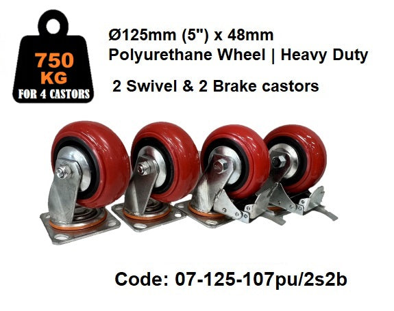 SET of 4:  Ø125mm (5")  Polyurethane Wheel Heavy Duty Castors | 750KG TOTAL